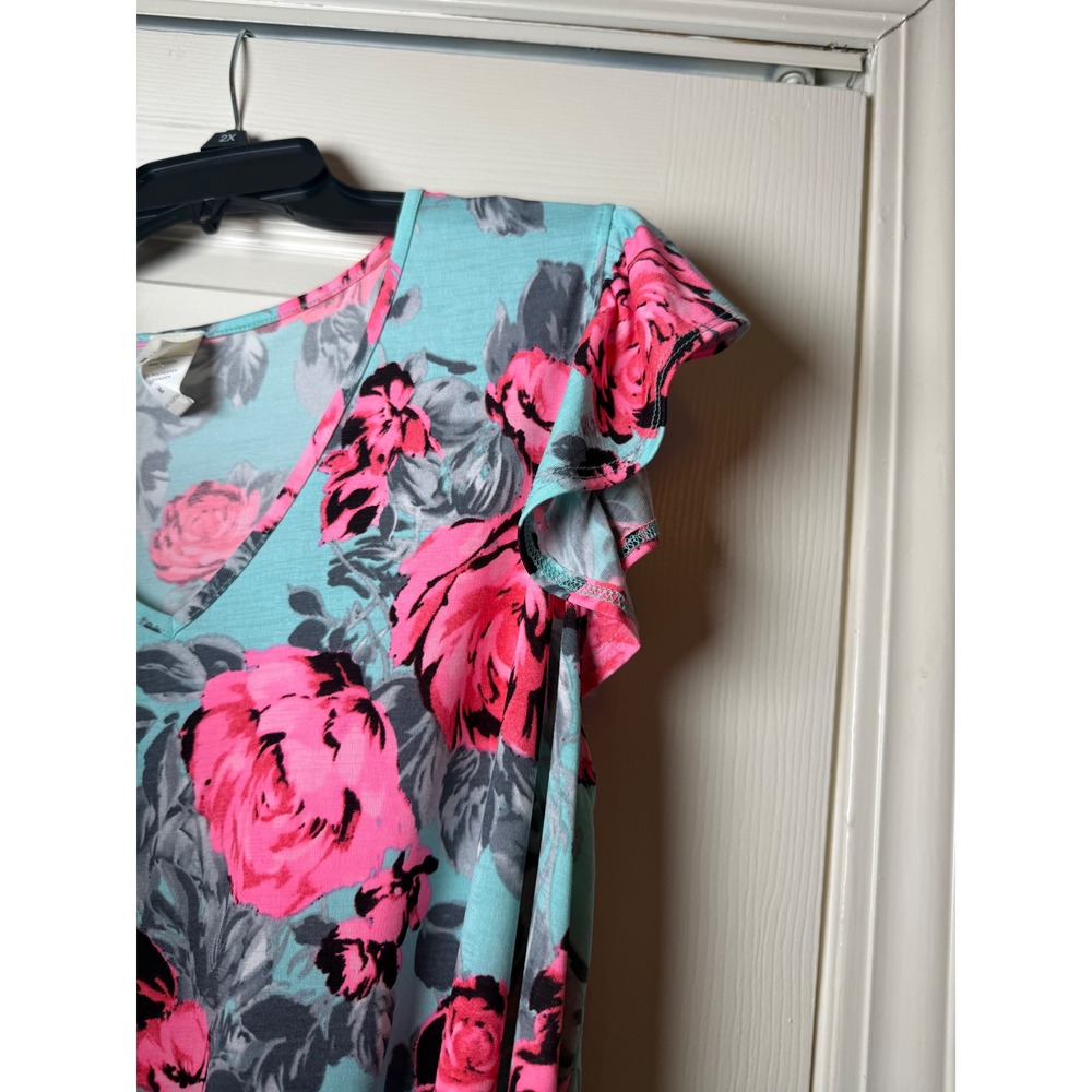 Sew In Love Womens XL Aqua Pink Floral Ruffle Sleeve V-Neck Blouse Top - Picture 3 of 5